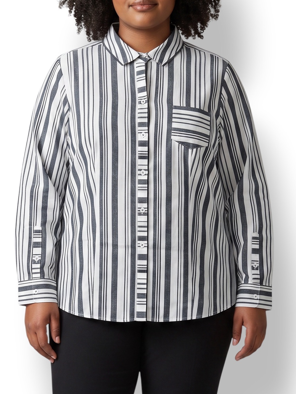 4/$20 Foxcroft Heritage Non-Iron Fitted Cotton Black White Stripe Blouse 16P